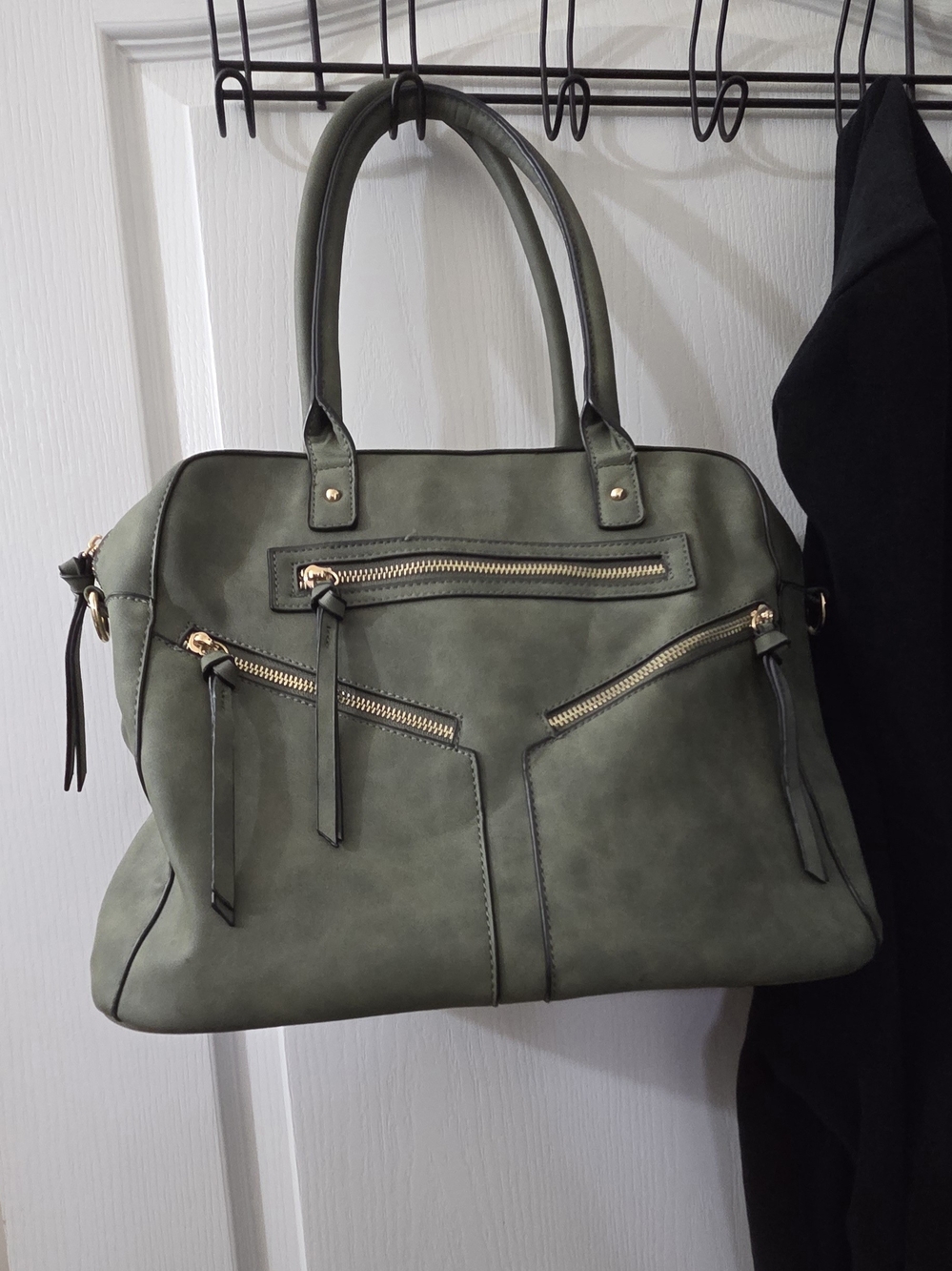 Olive Green Structured Tote Bag with Gold Zippers